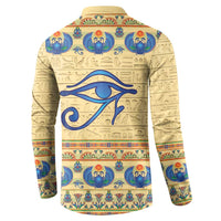 Beige long-sleeve henley sweatshirt with blue eye and Egyptian symbols on back
