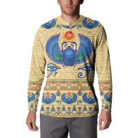 Beige long-sleeve henley sweatshirt with large blue winged scarab front graphic