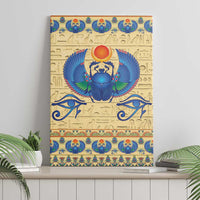 Beige canvas wall art with central blue winged scarab and red sun