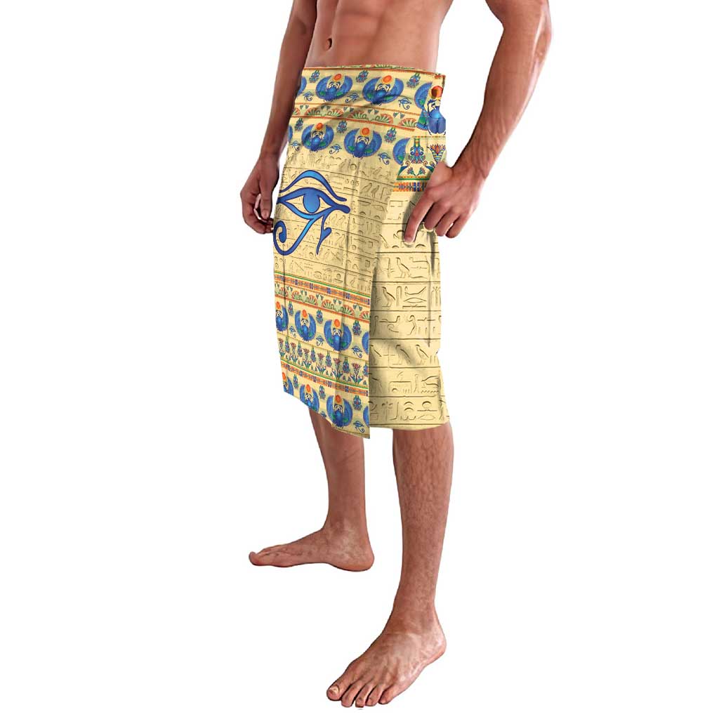 Beige Egyptian-style lavalava wrap skirt, blue scarab motif and hieroglyph panels