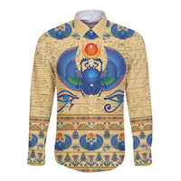 Beige long sleeve button shirt with colorful Egyptian scarab beetle front graphic