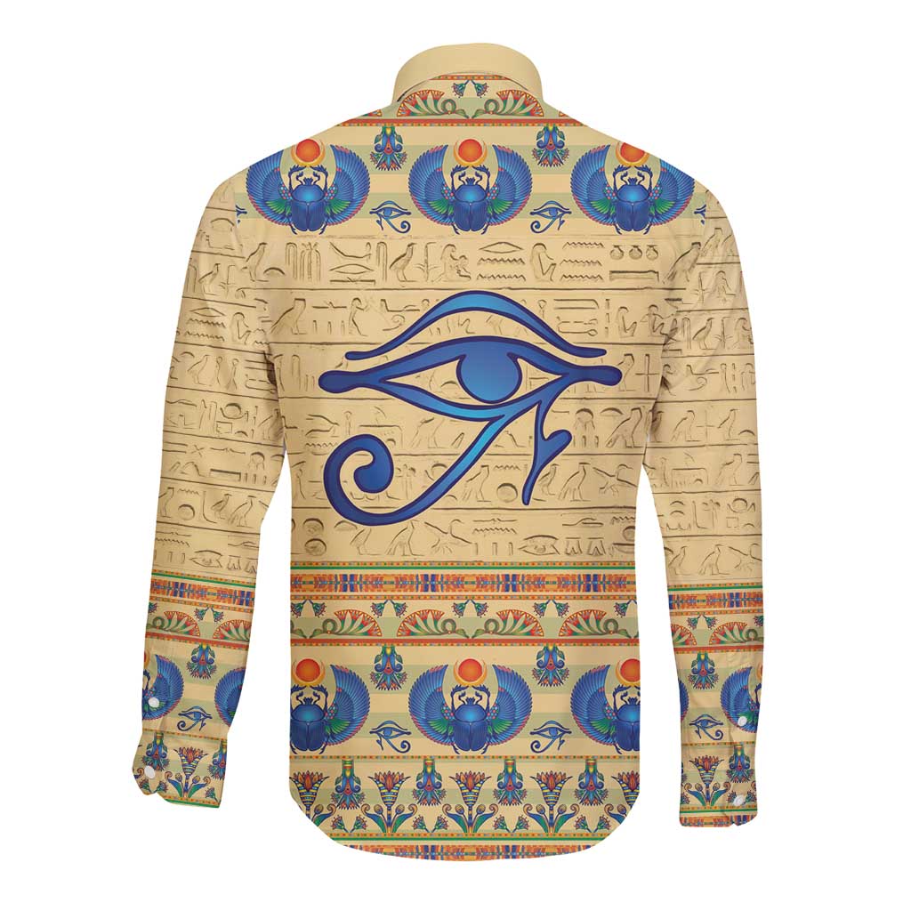 Beige long sleeve button shirt with Egyptian eye motif and colorful back pattern