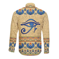 Beige long sleeve button shirt with Egyptian eye motif and colorful back pattern
