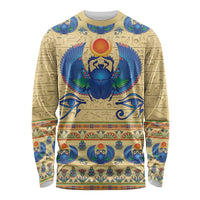 Beige long-sleeve shirt with blue Egyptian scarab beetle and sun graphic