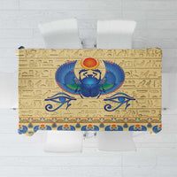 Beige tablecloth with blue scarab beetle and Egyptian hieroglyph pattern border