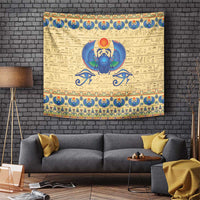 Beige Ancient Egypt tapestry with blue scarab beetle and ornate border accents