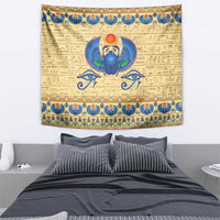 Beige wall tapestry featuring a blue scarab beetle with decorative striped border