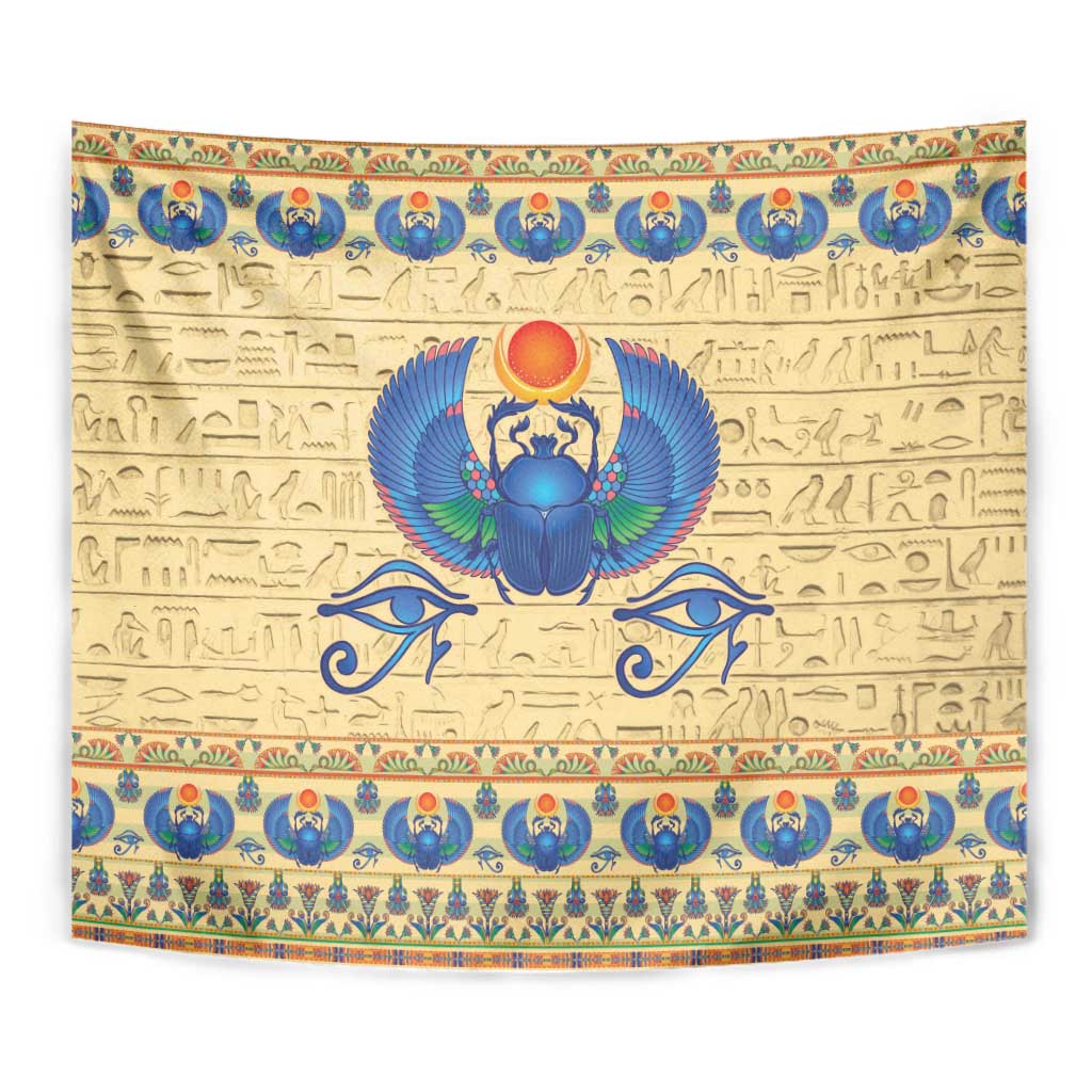 Beige scarab beetle tapestry with blue wings, orange sun circle, and patterned frame