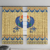 Beige window curtain panels with blue winged scarab and Egyptian hieroglyph pattern