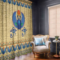 Beige curtain panel pair with blue winged scarab, hieroglyphs, and decorative border
