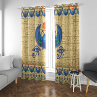 Beige window curtain panels with symmetrical blue scarab wings and Egyptian hieroglyphs