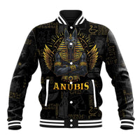 Black varsity baseball jacket with Anubis front graphic, striped rib cuffs and hem