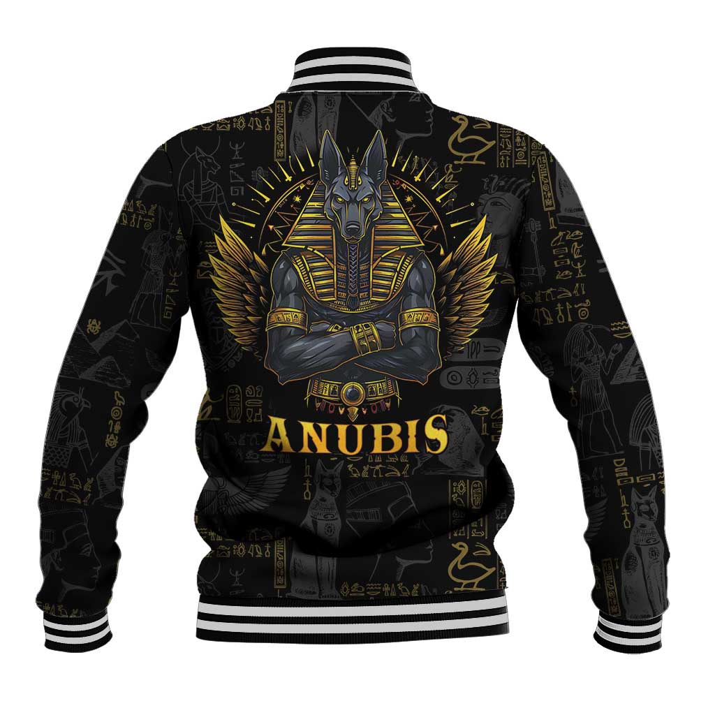 Black varsity baseball jacket with Anubis back graphic, striped rib collar and cuffs