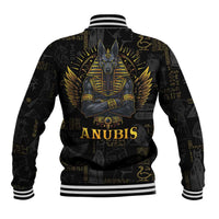 Black varsity baseball jacket with Anubis back graphic, striped rib collar and cuffs