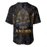 Black baseball jersey with large gold-and-blue Anubis emblem artwork