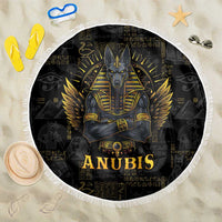 150cm black round beach blanket with Anubis Egyptian god graphic and white fringe edge