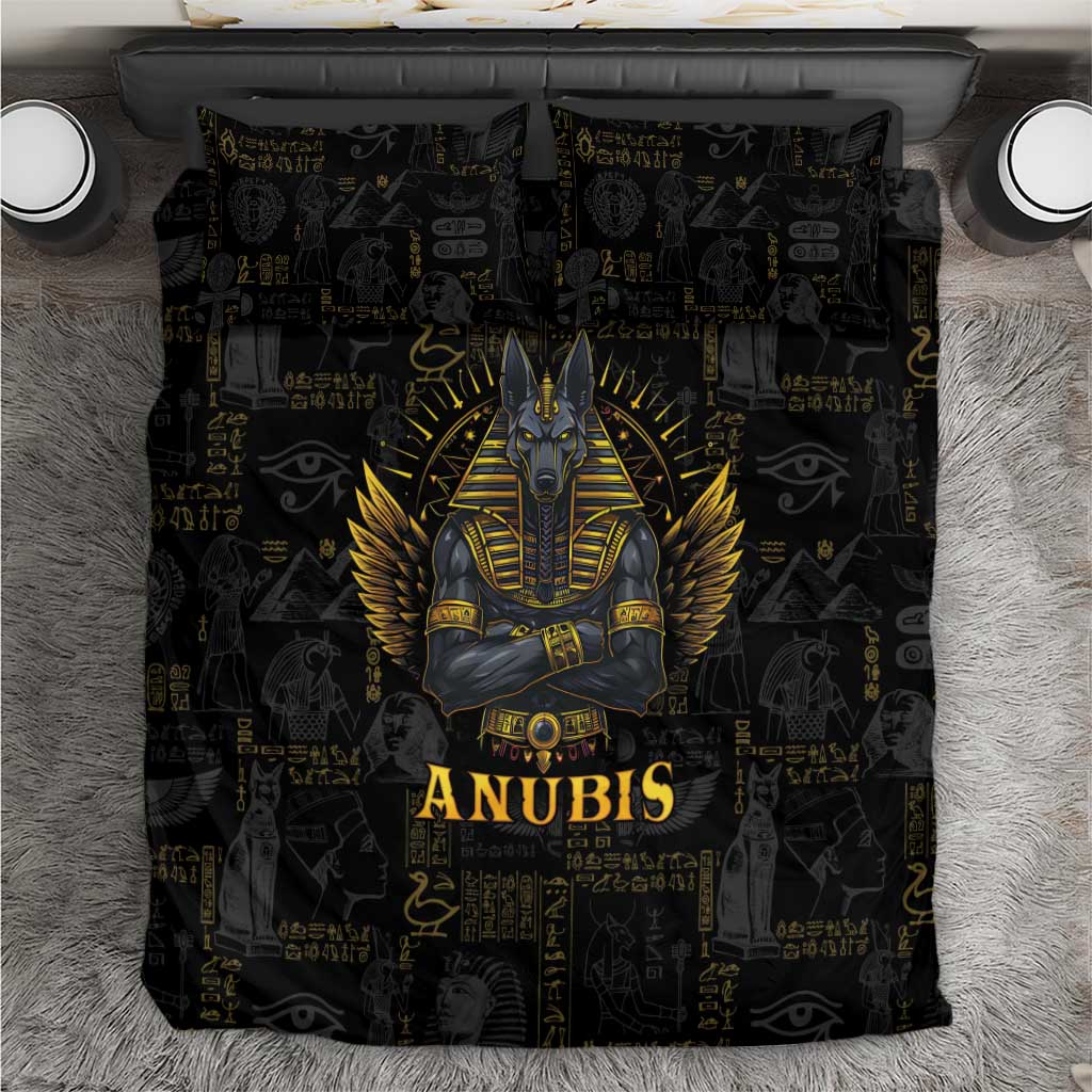 Anubis themed black bedding set with gold Anubis face graphic and hieroglyph pattern, pillowcases