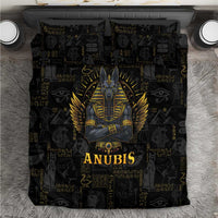 Anubis themed black bedding set with gold Anubis face graphic and hieroglyph pattern, pillowcases