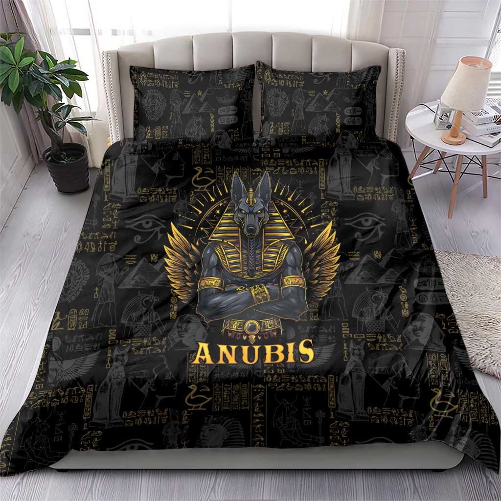 Anubis themed black duvet bedding set with large gold Anubis and hieroglyph symbols, 2 pillowcases
