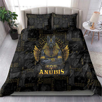 Anubis themed black duvet bedding set with large gold Anubis and hieroglyph symbols, 2 pillowcases