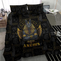Anubis themed black bedding set with gold Anubis portrait and hieroglyph pattern, matching pillowcases