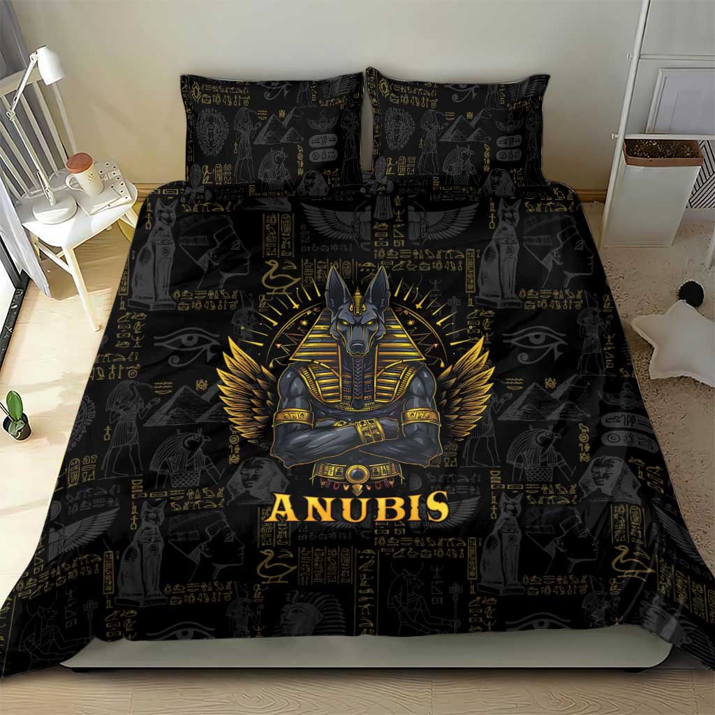 Anubis themed black duvet bedding set with gold Anubis center graphic and hieroglyph design, pillowcases