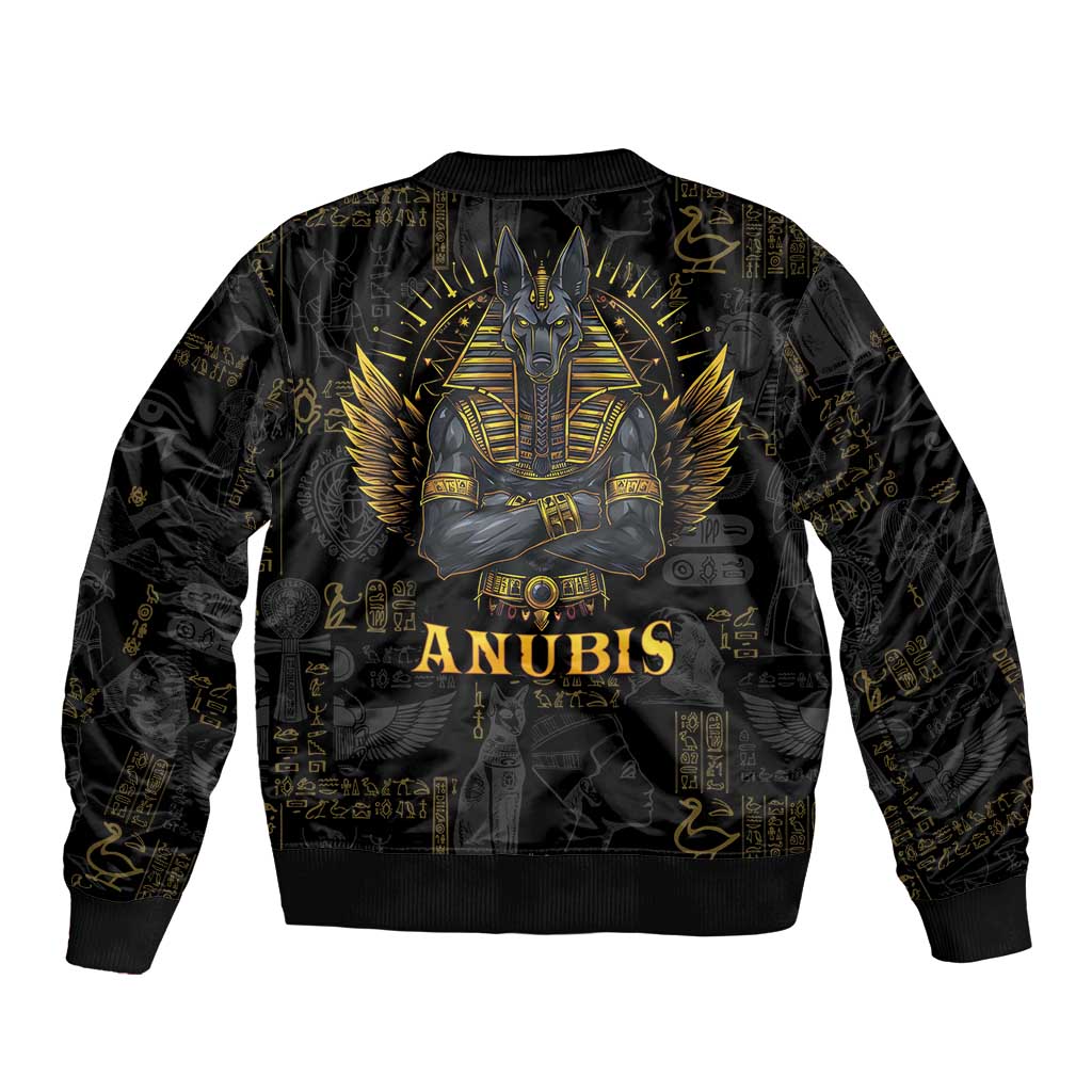 Black bomber jacket with gold Anubis winged emblem and ANUBIS print, ribbed hem