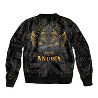 Black bomber jacket with gold Anubis winged emblem and ANUBIS print, ribbed hem