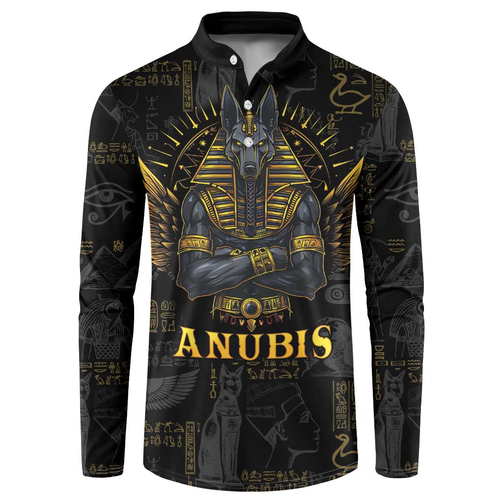 Men's black button-front sweatshirt with gold Anubis and Egyptian symbol print