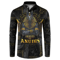 Men's black button-front sweatshirt with gold Anubis and Egyptian symbol print