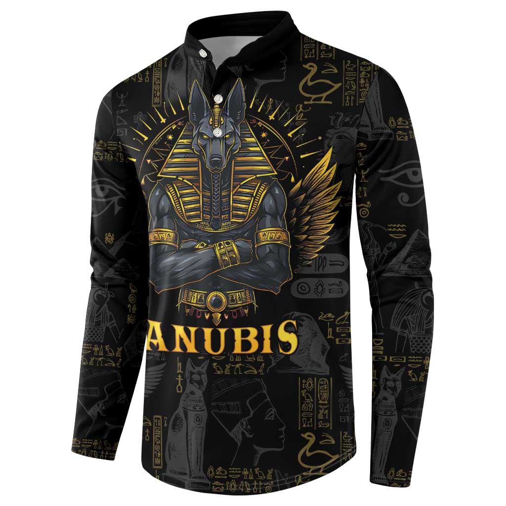 Men's black button-front sweatshirt with large gold Anubis and hieroglyph print