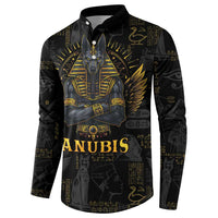 Men's black button-front sweatshirt with large gold Anubis and hieroglyph print