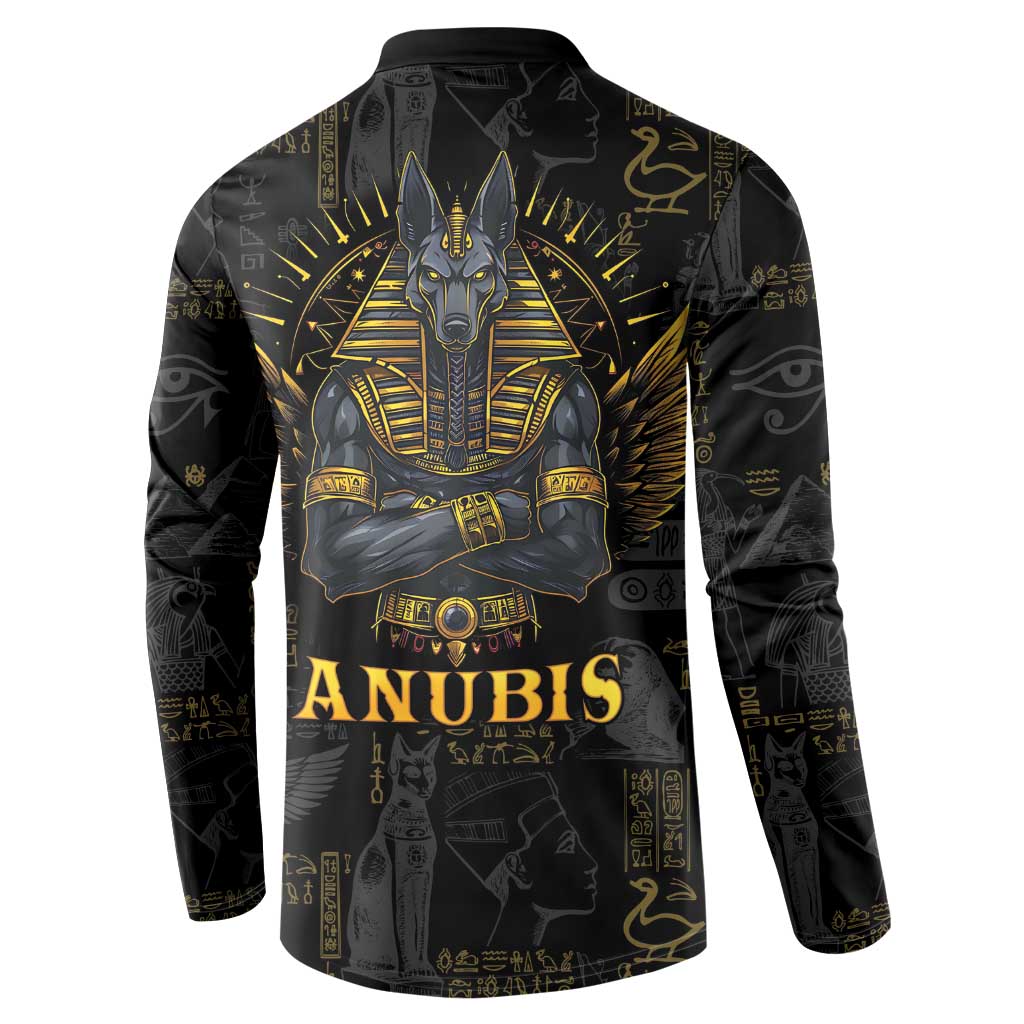 Men's black button-front sweatshirt with centered gold Anubis and "ANUBIS" graphic