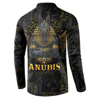 Men's black button-front sweatshirt with centered gold Anubis and "ANUBIS" graphic