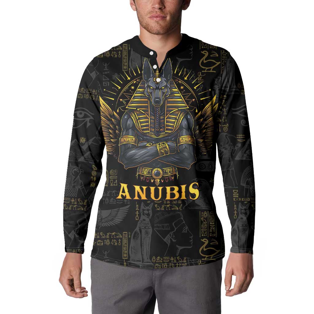 Men's black button-front sweatshirt with gold Anubis portrait and "ANUBIS" chest print