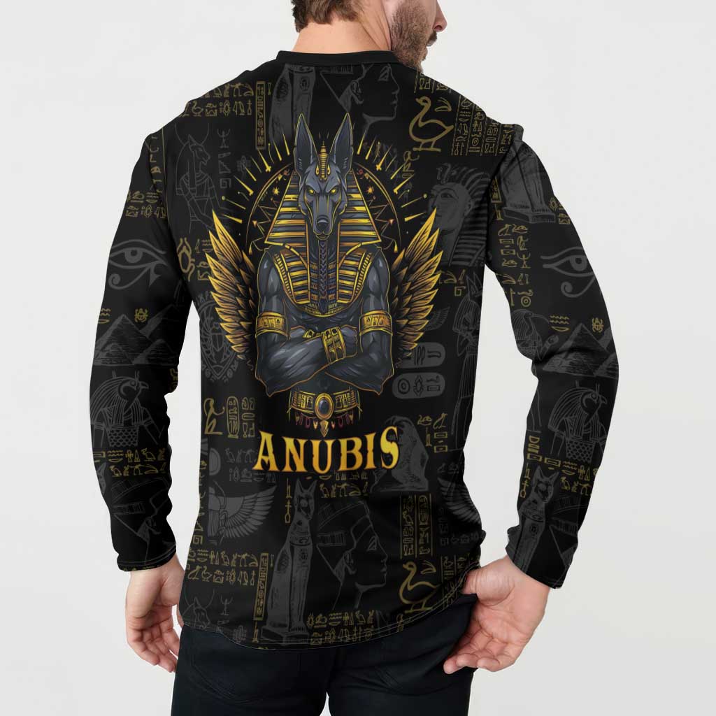 Men's black button-front sweatshirt with back gold winged Anubis emblem and hieroglyphs