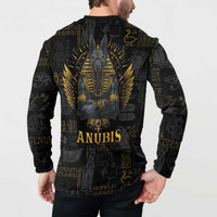 Men's black button-front sweatshirt with back gold winged Anubis emblem and hieroglyphs