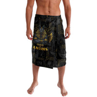 Black Anubis-themed lavalava sarong with gold graphic print, front drape
