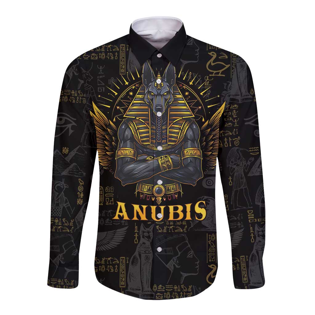 Black long-sleeve button shirt with Anubis front graphic and hieroglyph print
