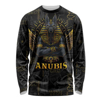 Black long-sleeve unisex T-shirt featuring gold Anubis artwork and lettering