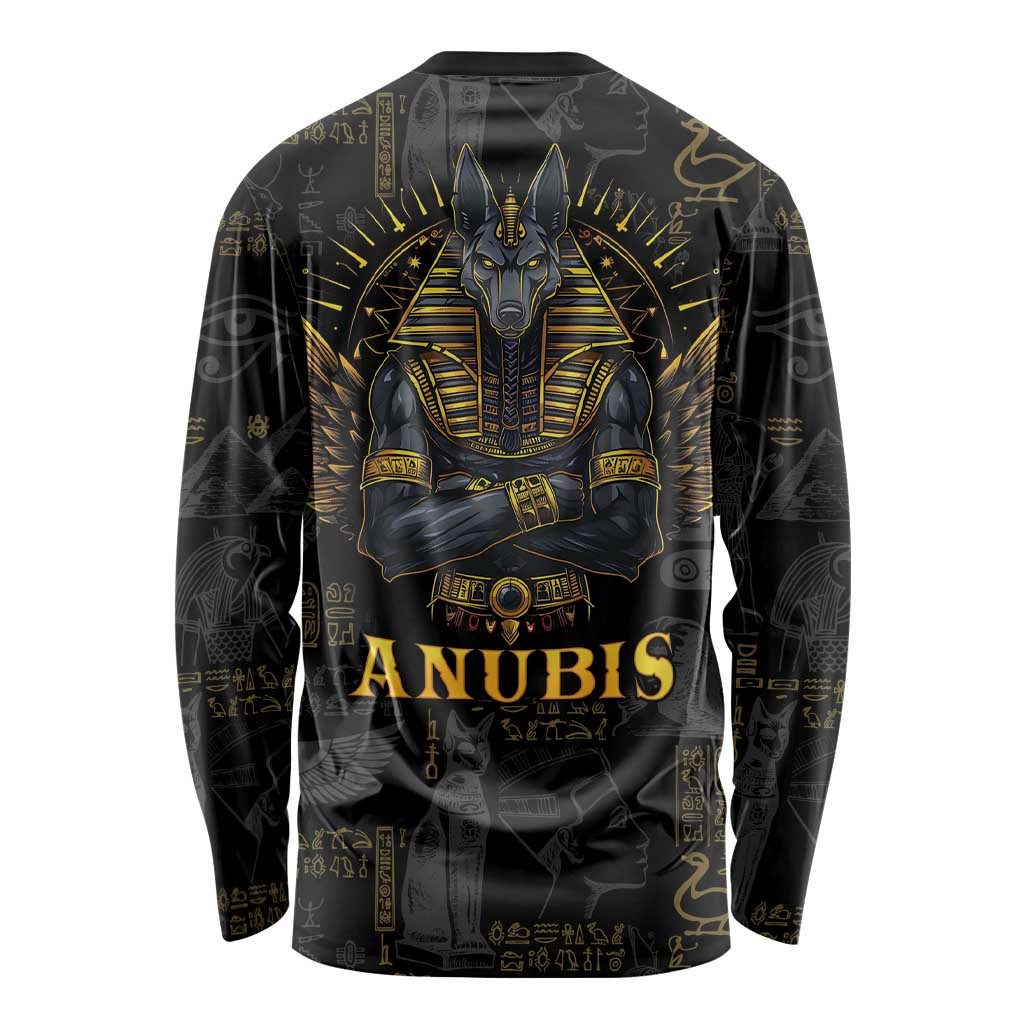 Black long-sleeve unisex T-shirt with gold Anubis deity graphic on front