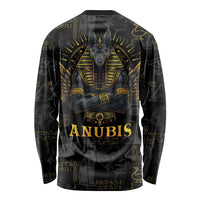 Black long-sleeve unisex T-shirt with gold Anubis deity graphic on front