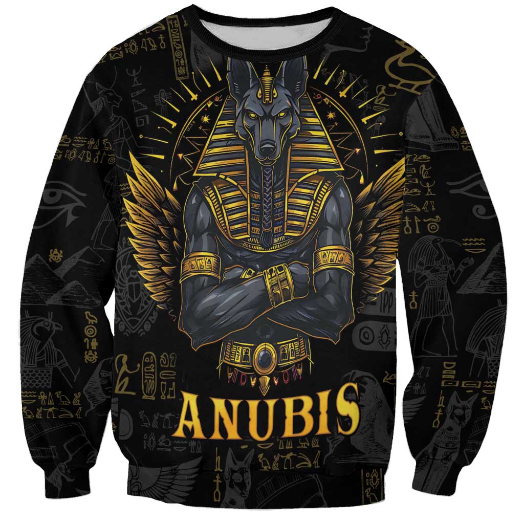 Unisex black sweatshirt with gold Anubis chest graphic and hieroglyph pattern