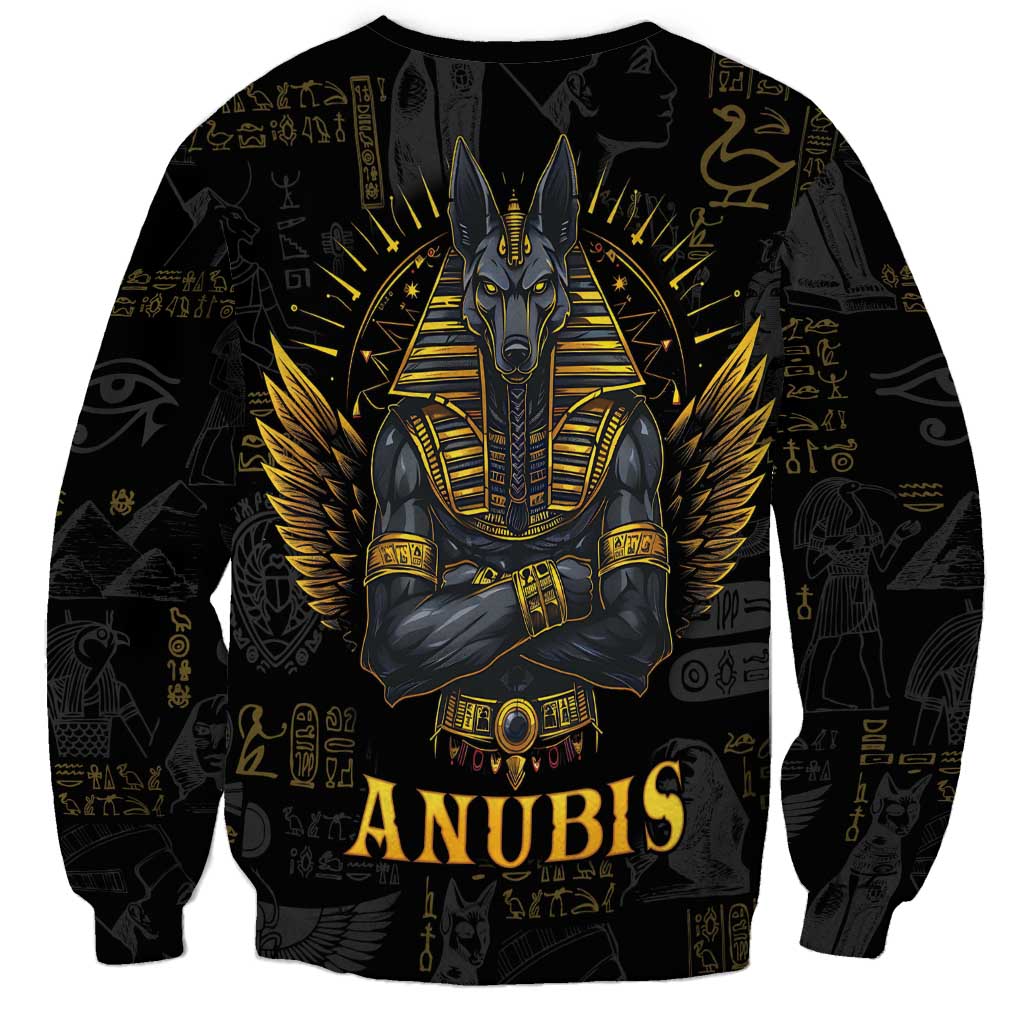 Unisex black sweatshirt with large gold Anubis front print and winged halo