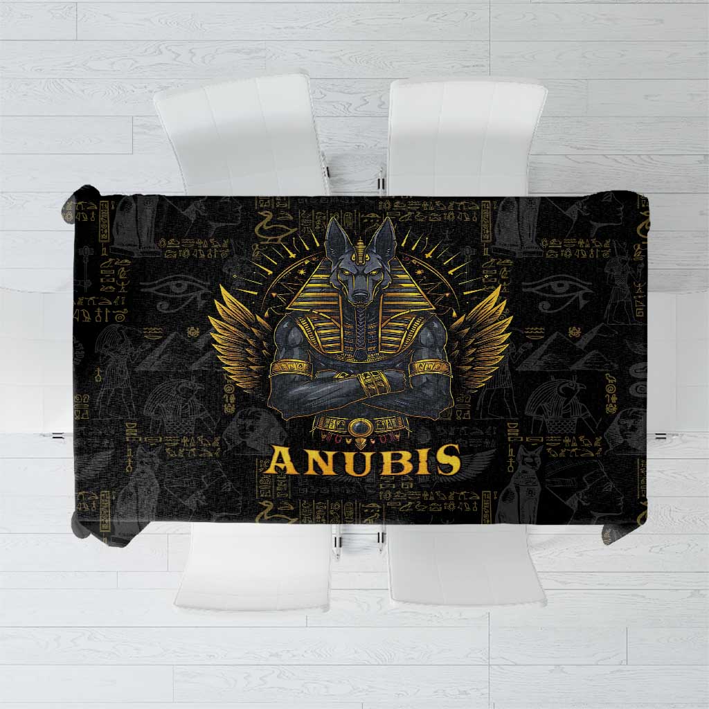 Black Egyptian-style tablecloth with gold Anubis face and hieroglyph pattern