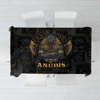 Black Egyptian-style tablecloth with gold Anubis face and hieroglyph pattern