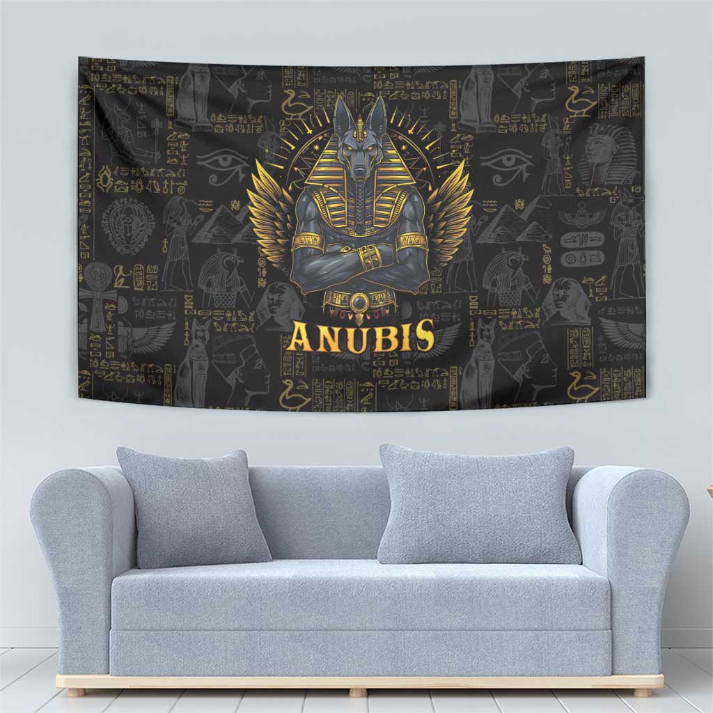 Black Anubis Egyptian tapestry with gold Anubis headdress and ANUBIS lettering