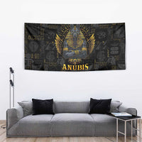 Black Anubis Egyptian tapestry with gold Anubis figure and ANUBIS text, wall hanging
