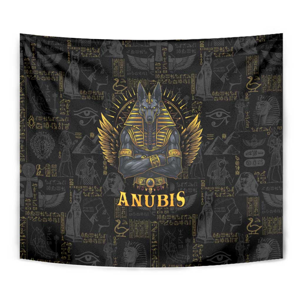 Black Anubis Egyptian tapestry showing gold Anubis head, wings, and ANUBIS text