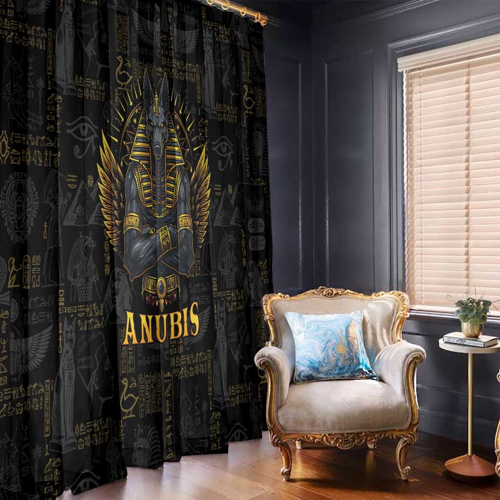 Black window curtain panels with gold Anubis figure and patterned hieroglyphs